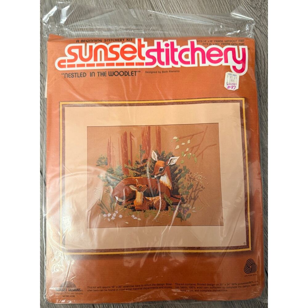 Vintage Sunset Stitchery Crewel Kit "Nestled in the Woodlet" Deer Fawn 1981 NEW